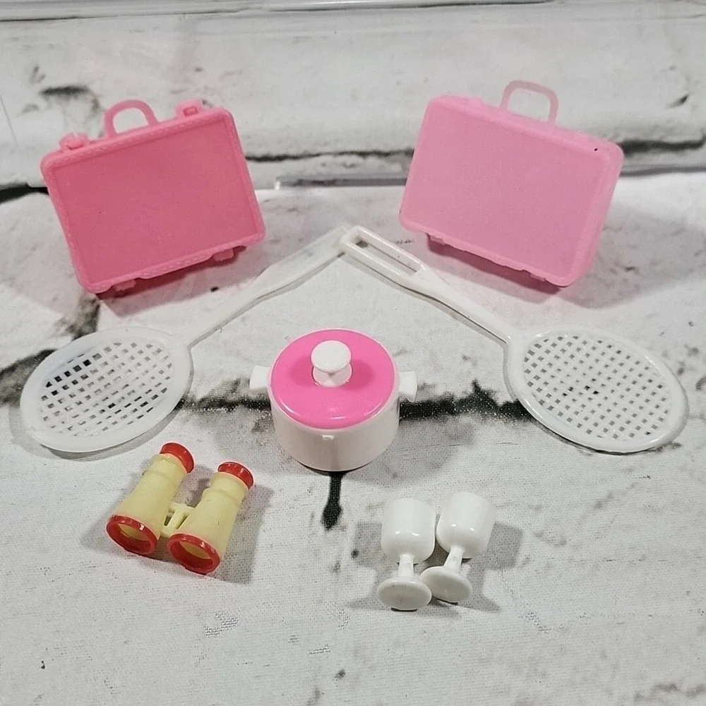 Vintage Barbie Accessories Lot Pink Suitcases Tennis Rackets Binoculars Glasses